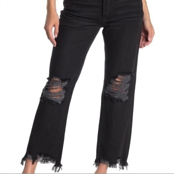 Free People Maggie Distressed Mid-Rise Straight Jeans Washed Black FP1009 - Picture 4 of 16